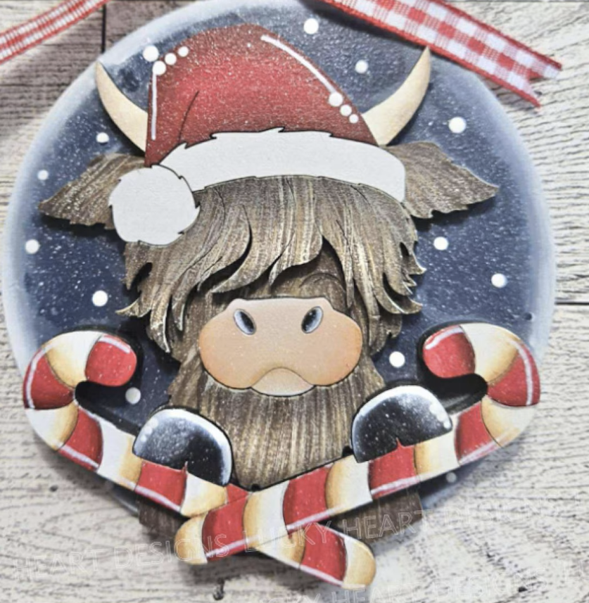 Highland Cow Santa Candycane Round