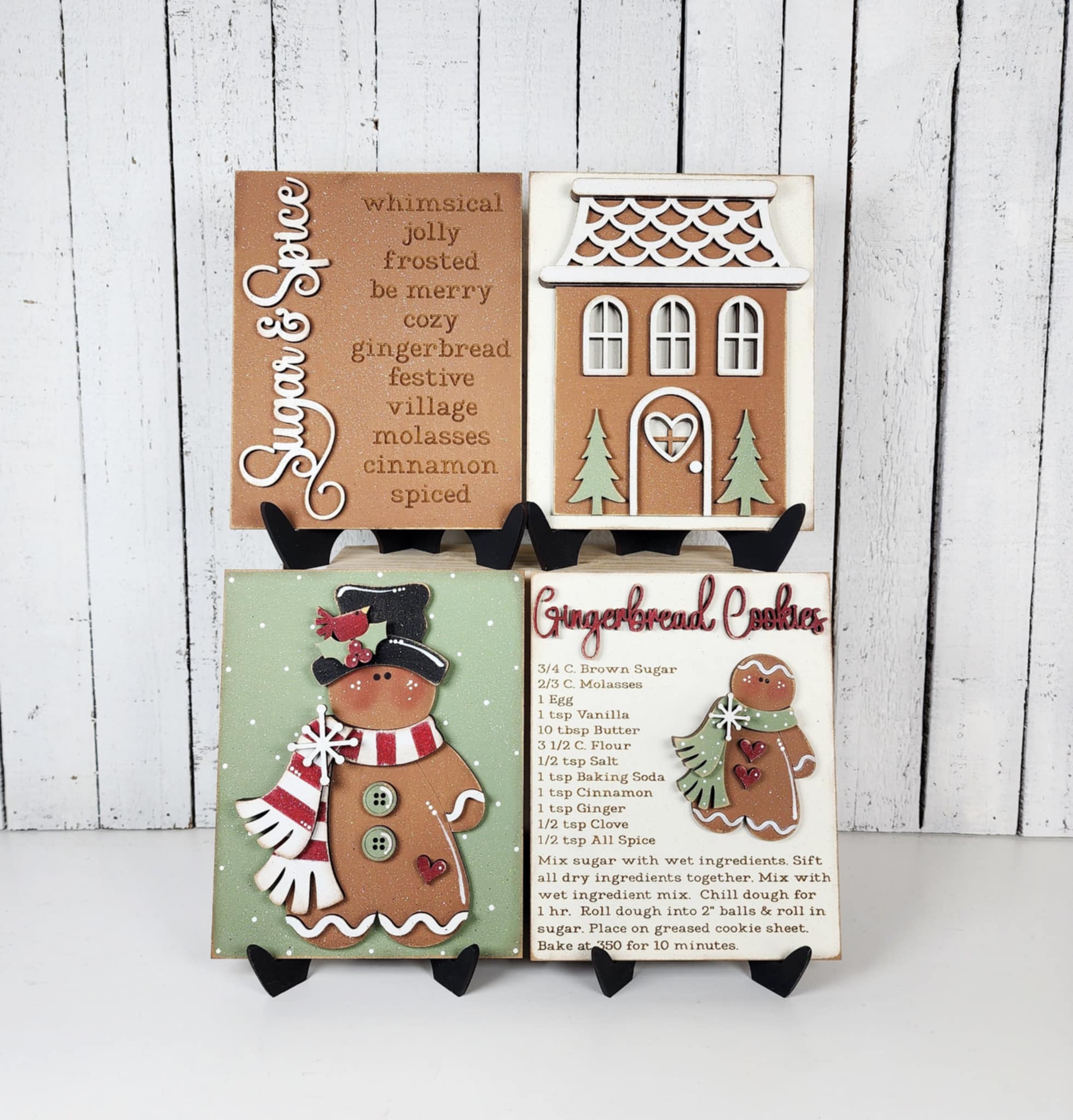 Victorian Gingerbread Christmas Sign Quad with Stands OR Frames