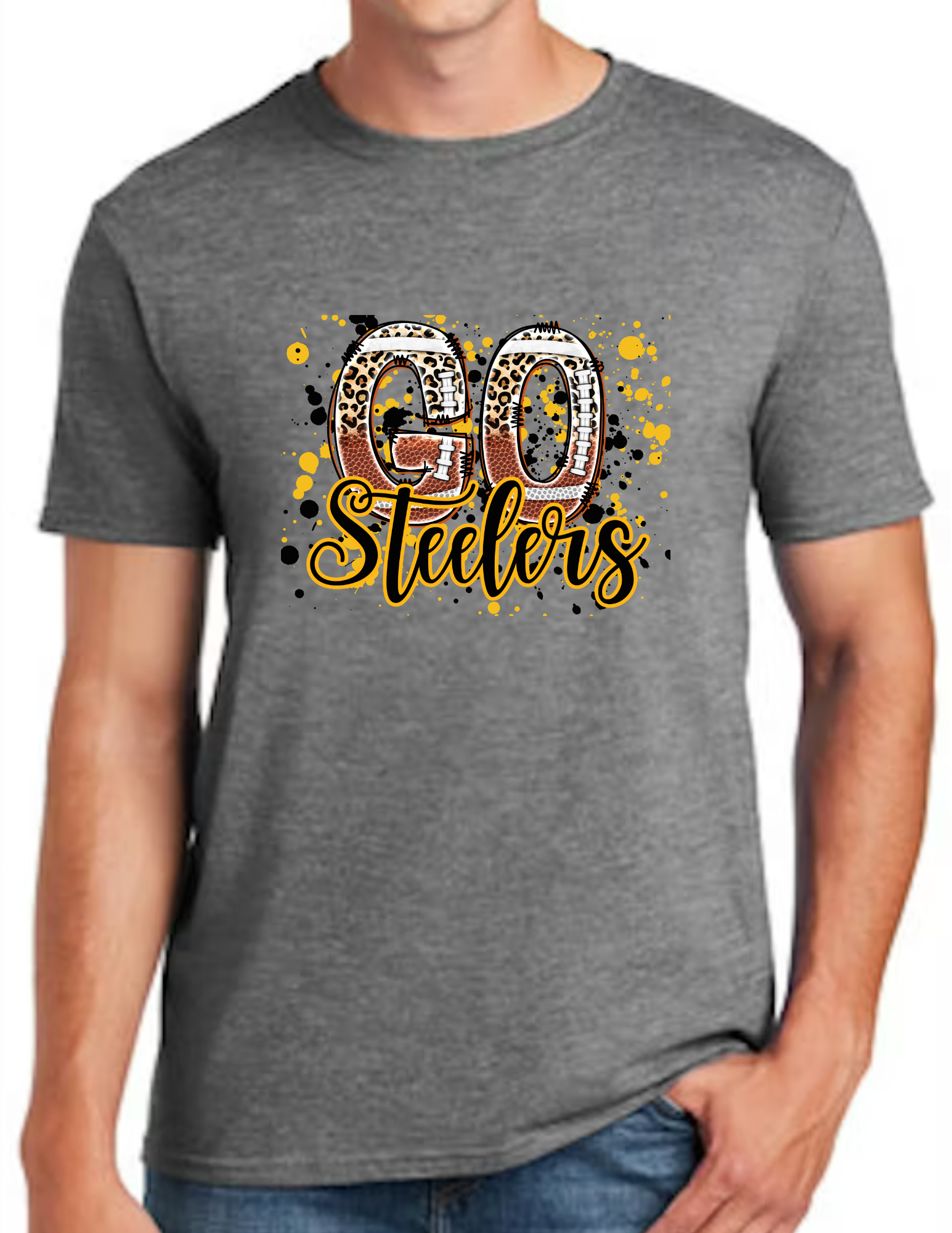 Go Steelers Spatter- Dark Grey (CUSTOMIZED NAME ON BACK)