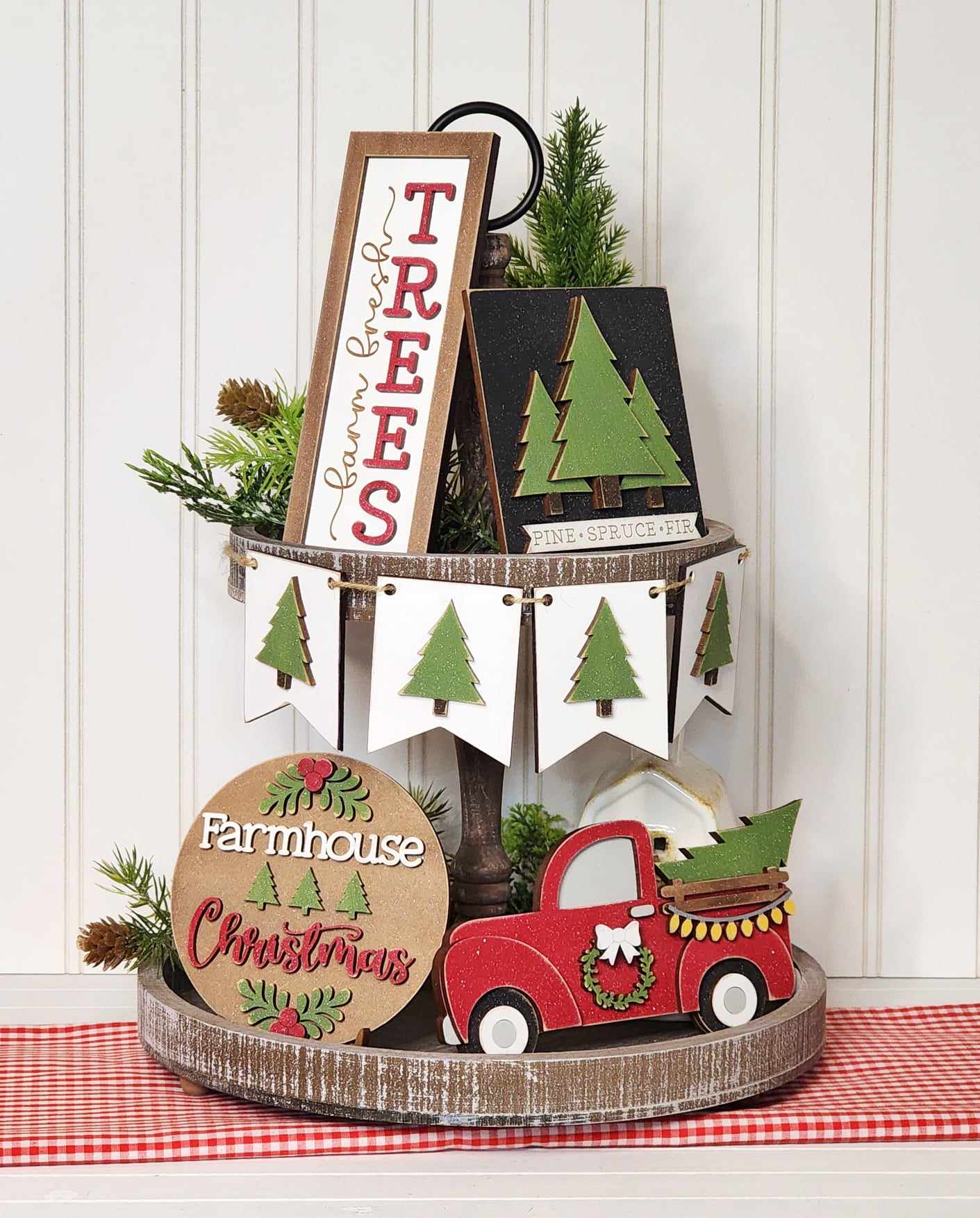 Country Christmas Tree Farm Tiered Tray Decor Set