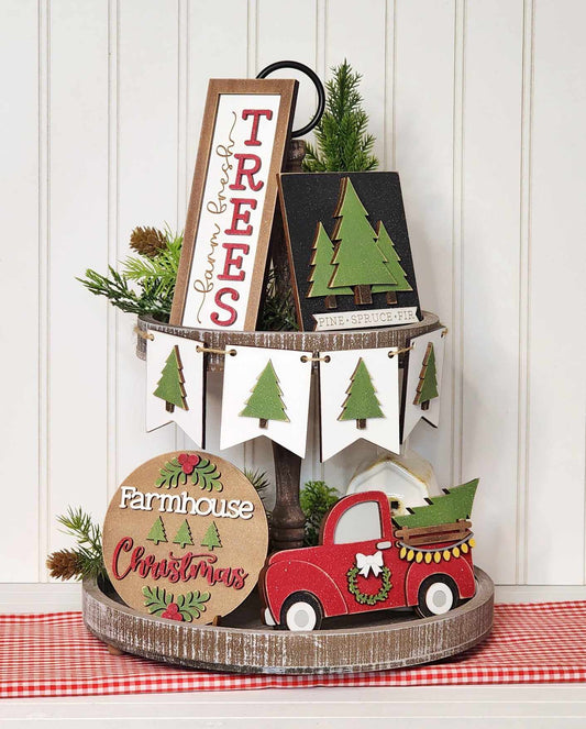 Country Christmas Tree Farm Tiered Tray Decor Set- Paint Party Kit