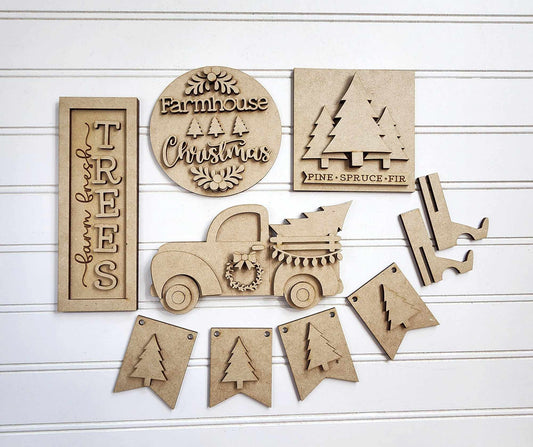 Country Christmas Tree Farm Tiered Tray Decor Set- DIY Blank