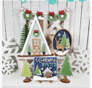Winter Cabin Tiered Tray Decor Set- Paint Party Kit