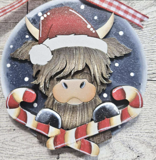 Highland Cow Santa Candycane Round