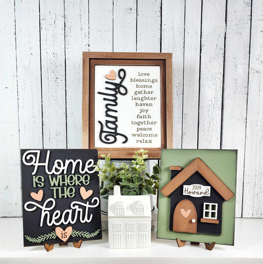 Family Home Sign Trio with Stands OR Frames- Paint Party Kit