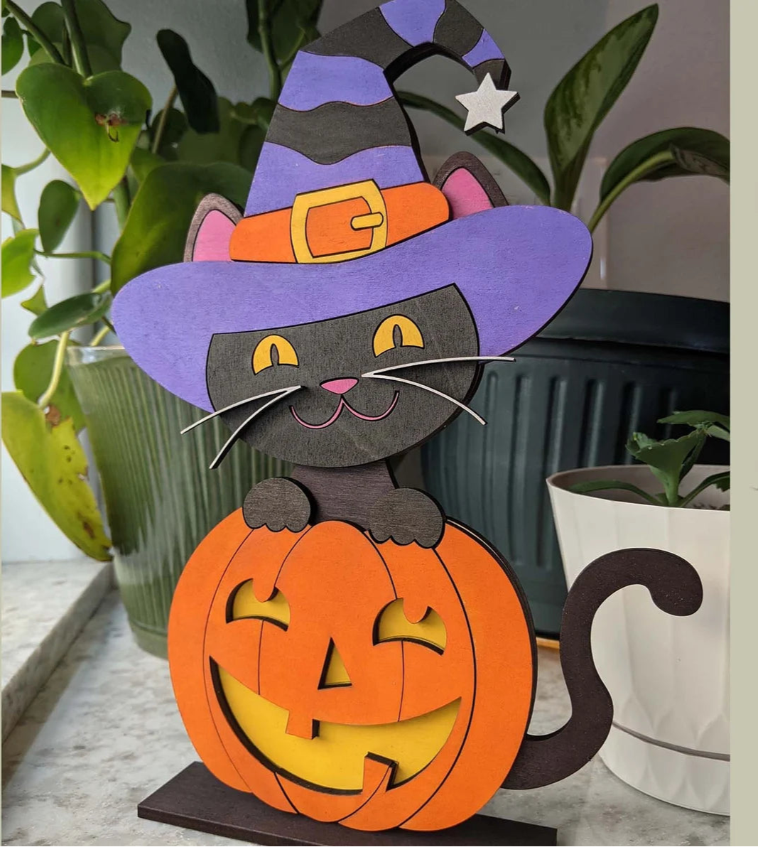 Kitty Witch with Pumpkin Shelf Sitter