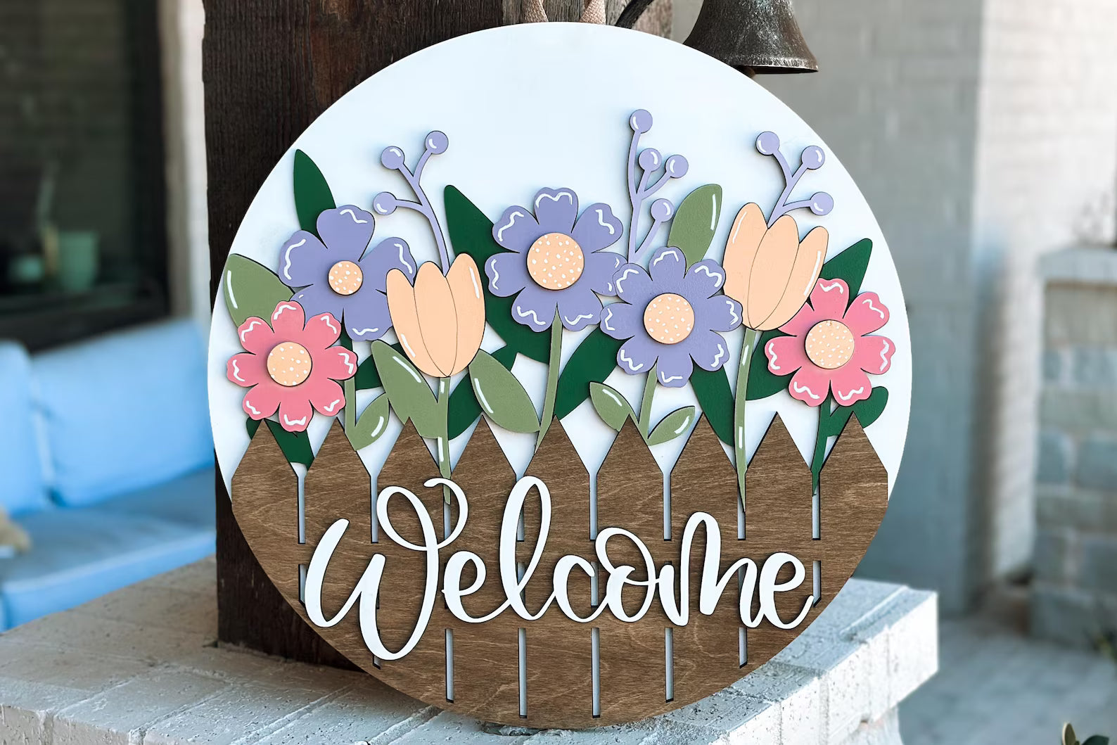 Welcome Spring Flower Picket Fence Round