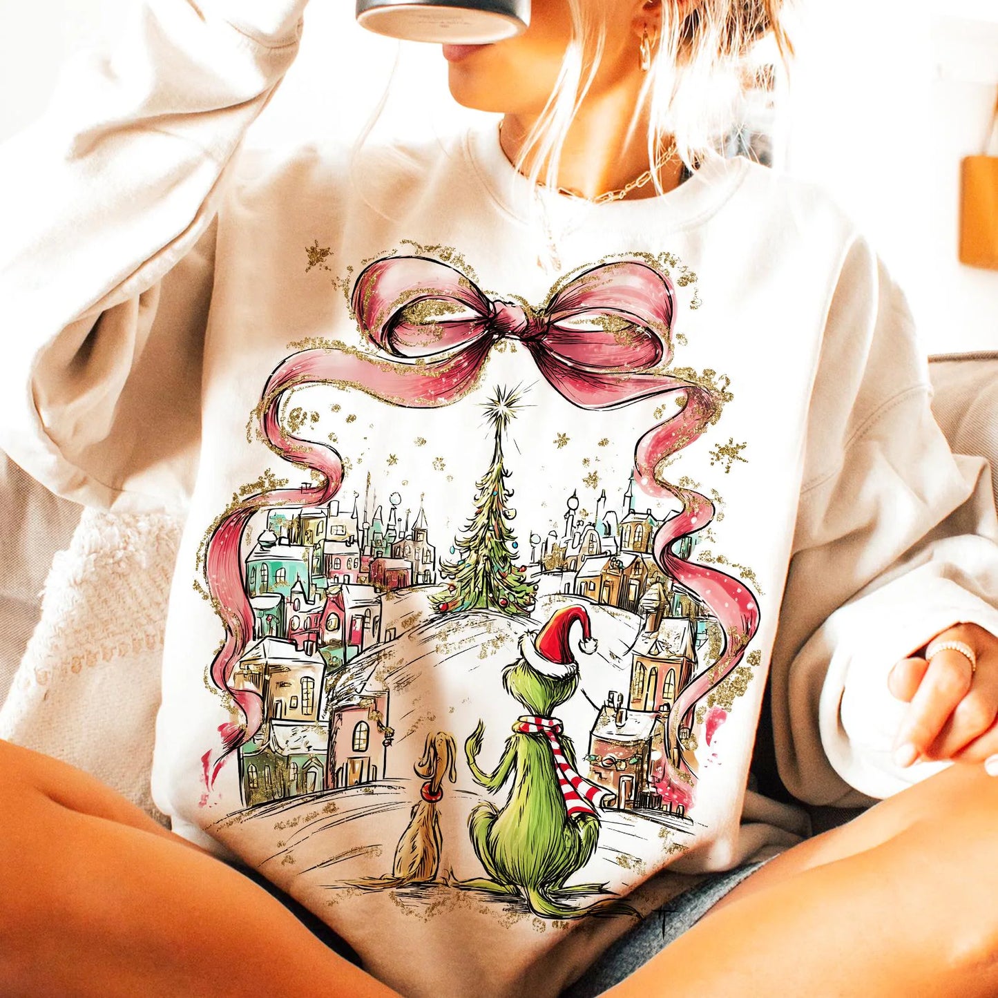 Retro Grinch Looking Out on Whoville w Bow