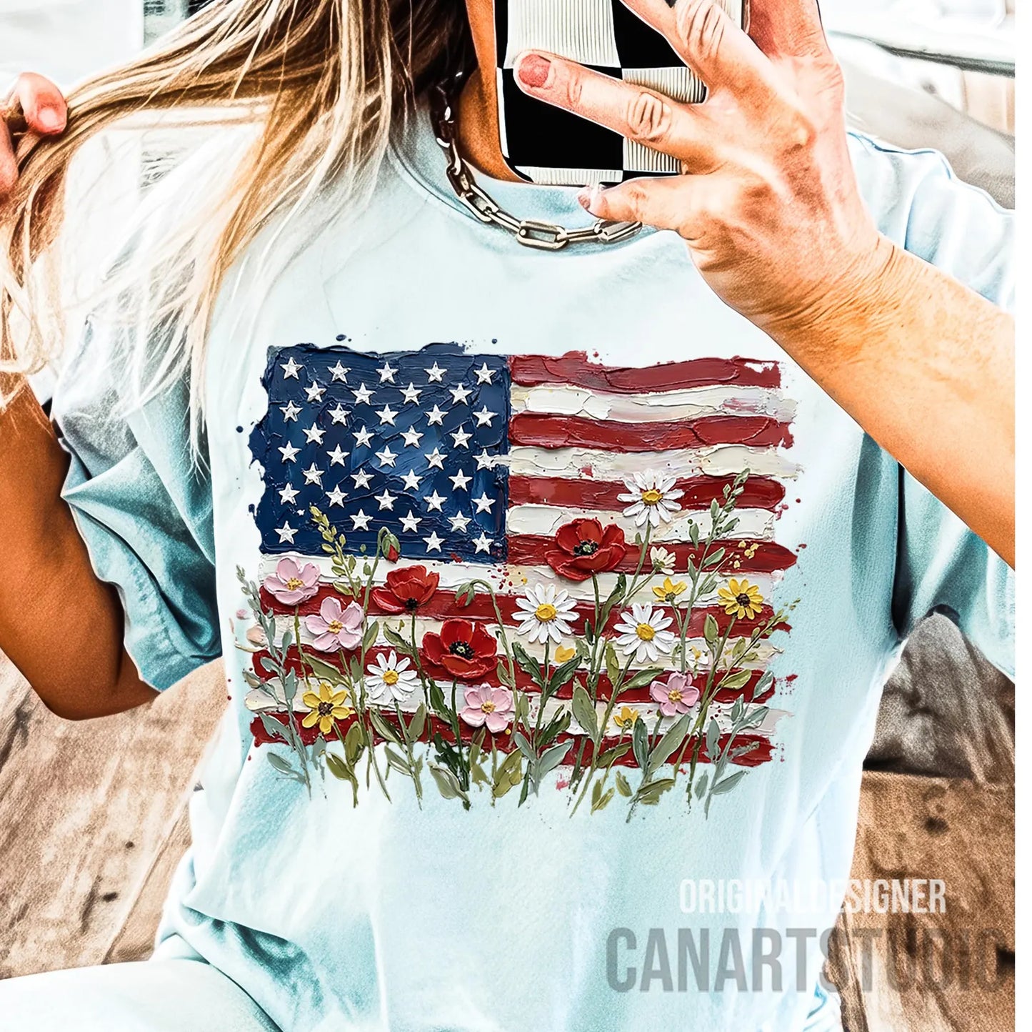 Painted American Flag and Flowers Shirt
