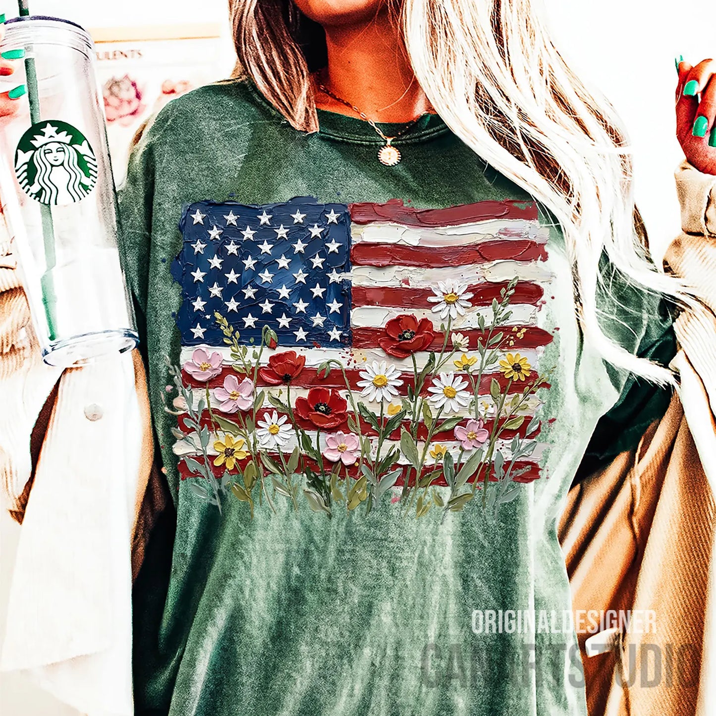 Painted American Flag and Flowers Shirt