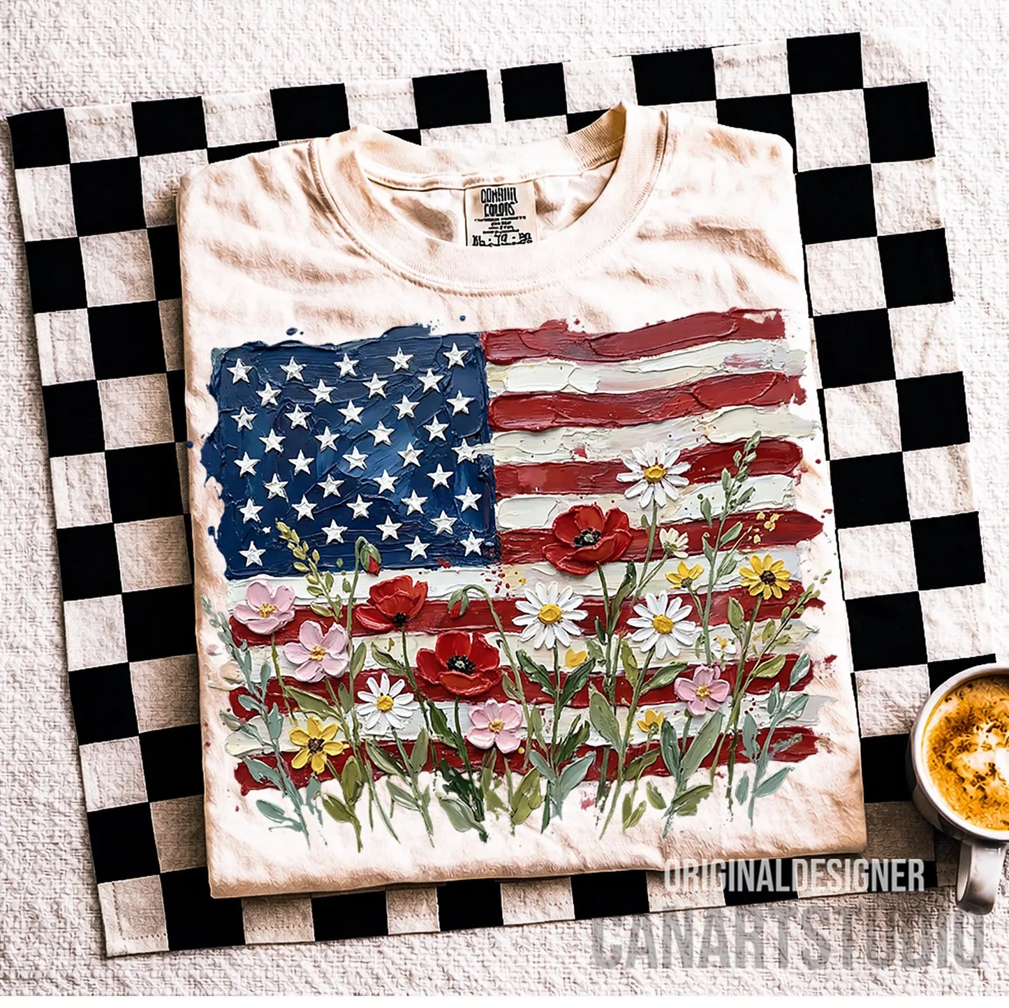 Painted American Flag and Flowers Shirt