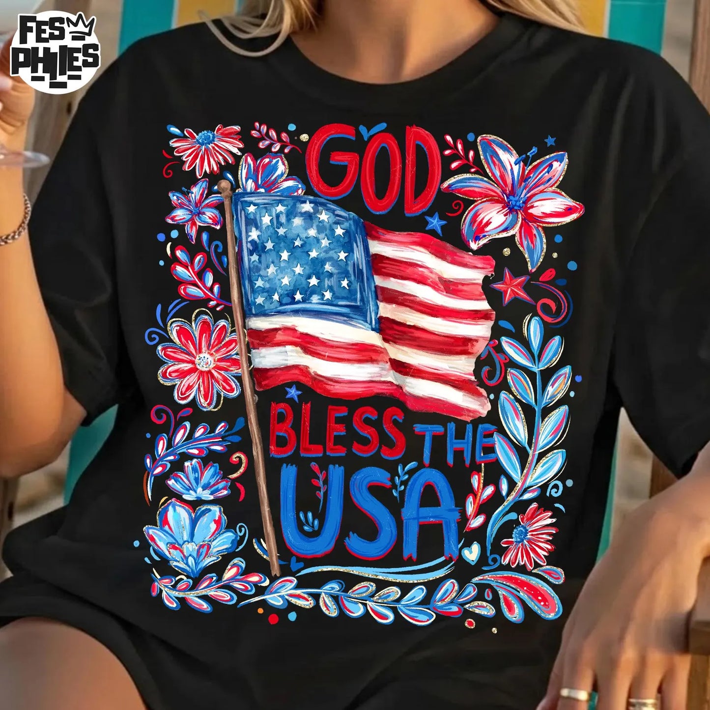 God Bless America Flowers and Flag Shirt