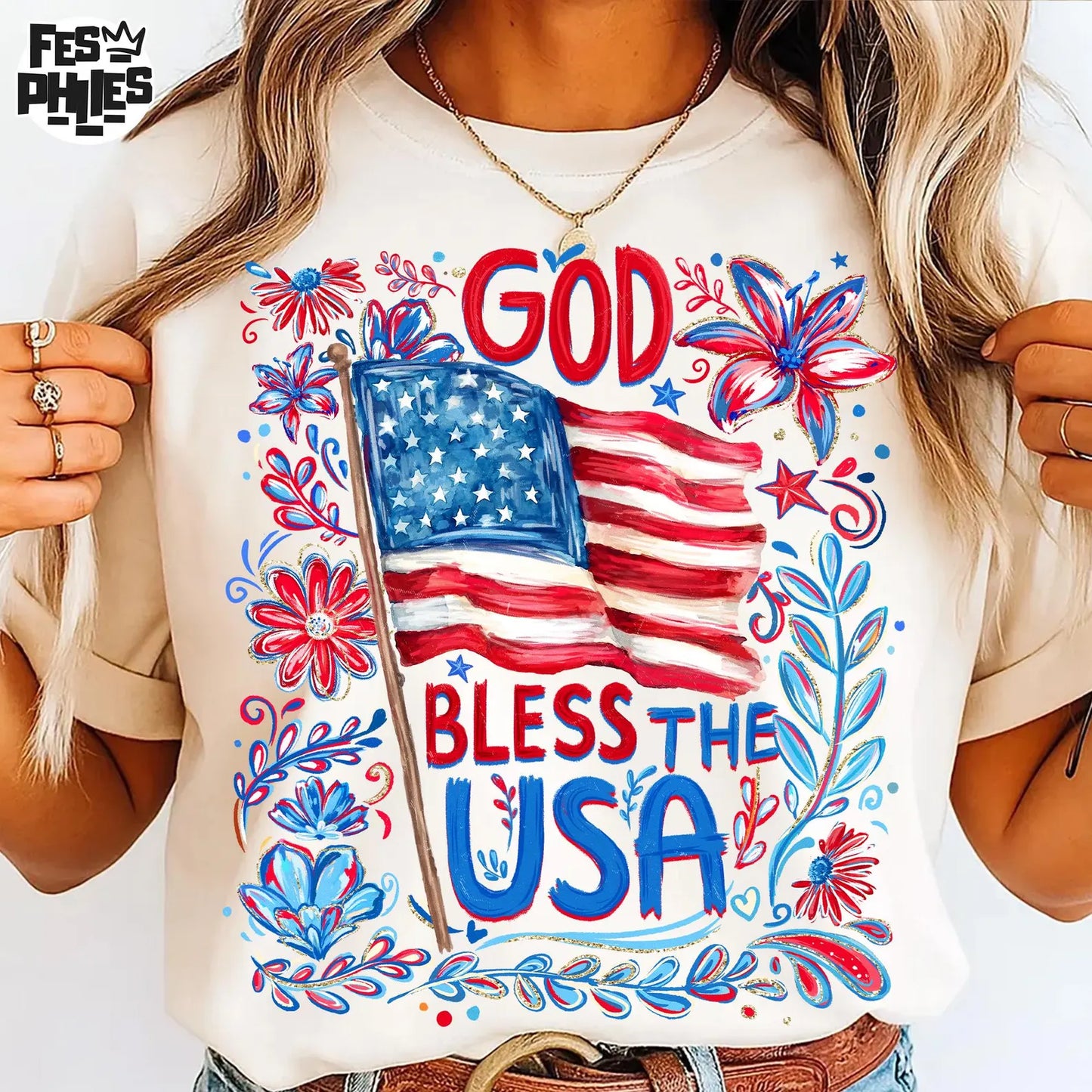 God Bless America Flowers and Flag Shirt