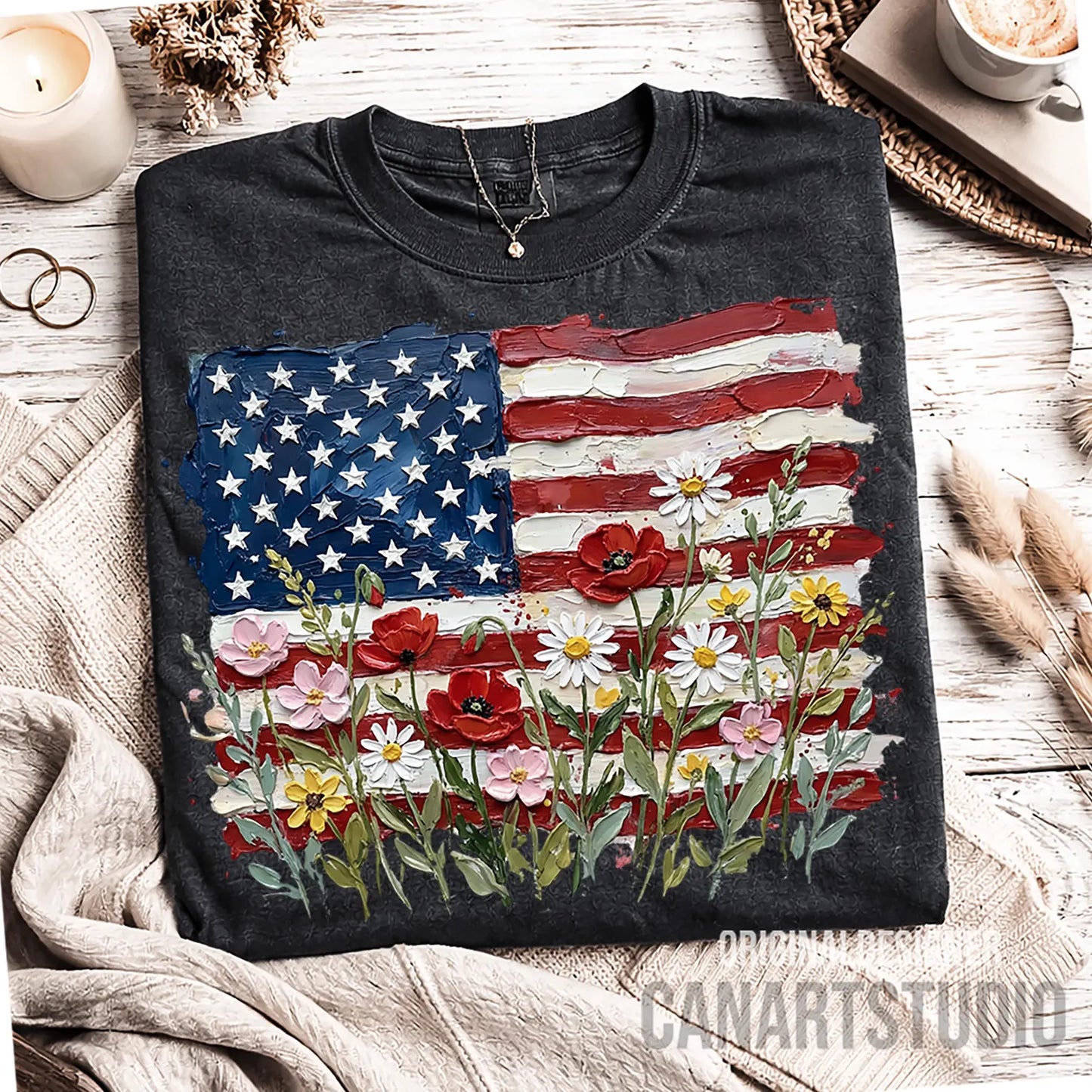 Painted American Flag and Flowers Shirt